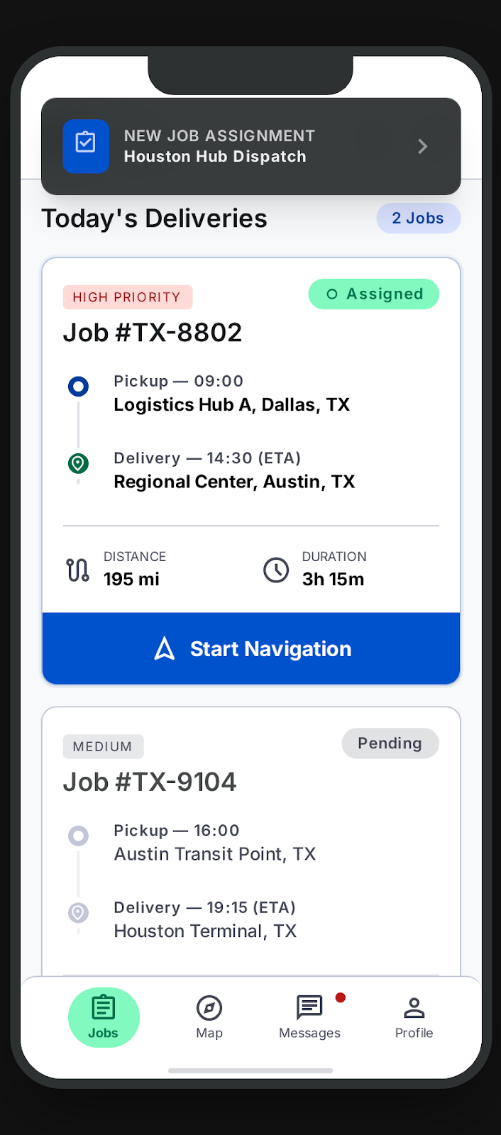 DispatchIQ driver app job board showing today's deliveries with route details
