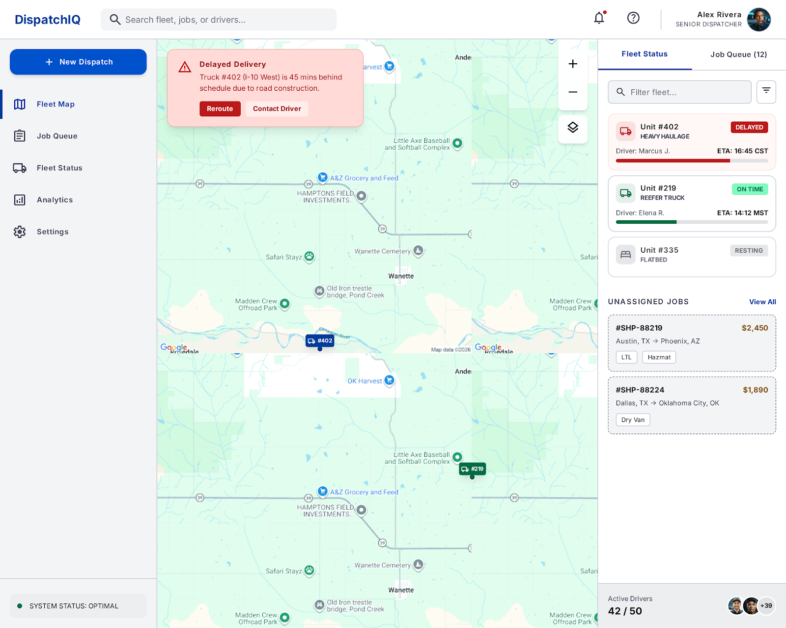 DispatchIQ dispatcher dashboard showing live fleet map with vehicle tracking and job queue