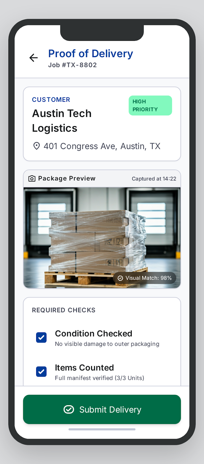 DispatchIQ proof of delivery screen showing package photo capture and condition checklist